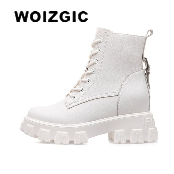 WOIZGIC Women&#39;s Female Ladies Genuine Leather Ankle Boots Shoes Platform Autumn Increase Lace Up Winter Fur Breathable 34-39