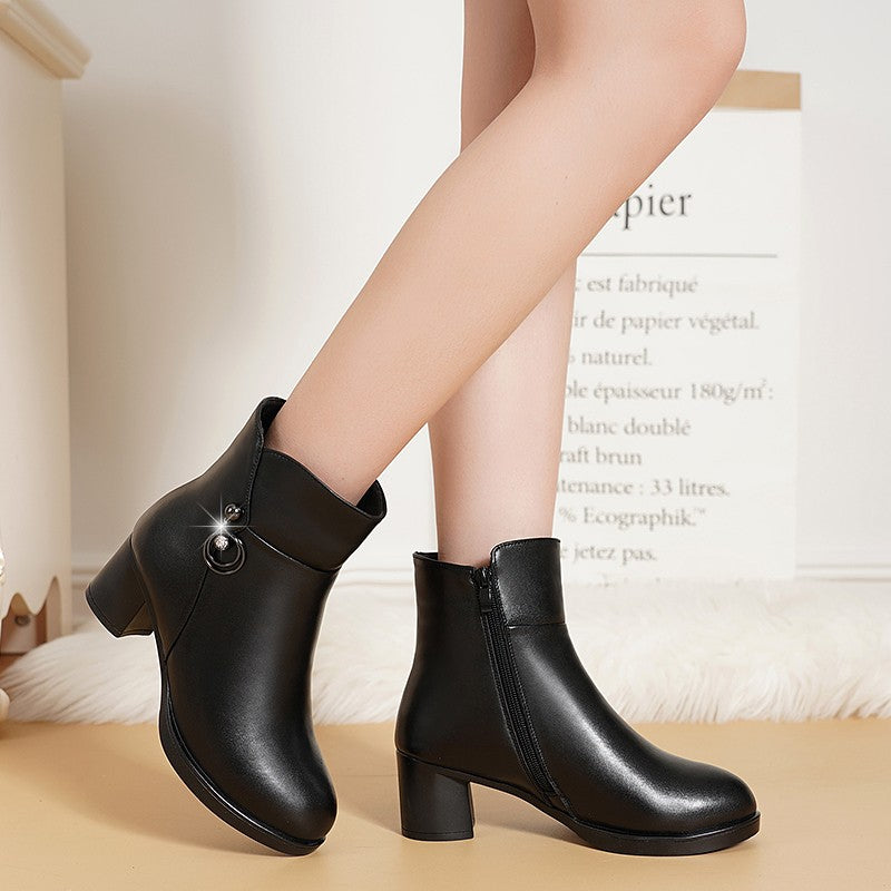 2022 NEW Fashion Soft Leather Women Ankle Boots High Heels Zipper Shoes Warm Wool Winter Boots for Women Plus Size 35-41