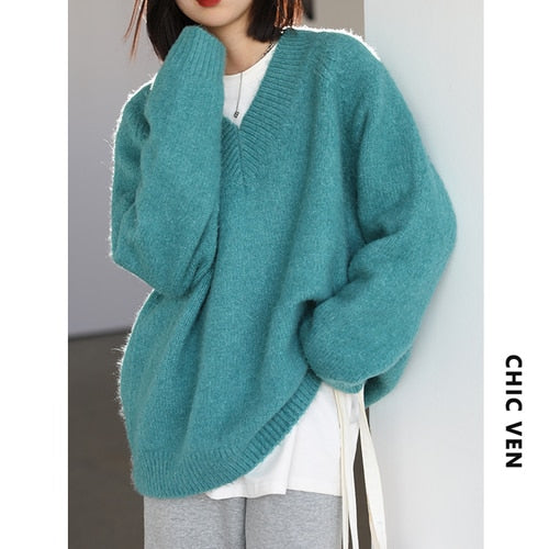 CHIC VEN Women's Sweater Knitted Solid V Neck Casual Female Loose Long Sleeve Pullovers Female Tops Lady Coat Autumn Winter 2022