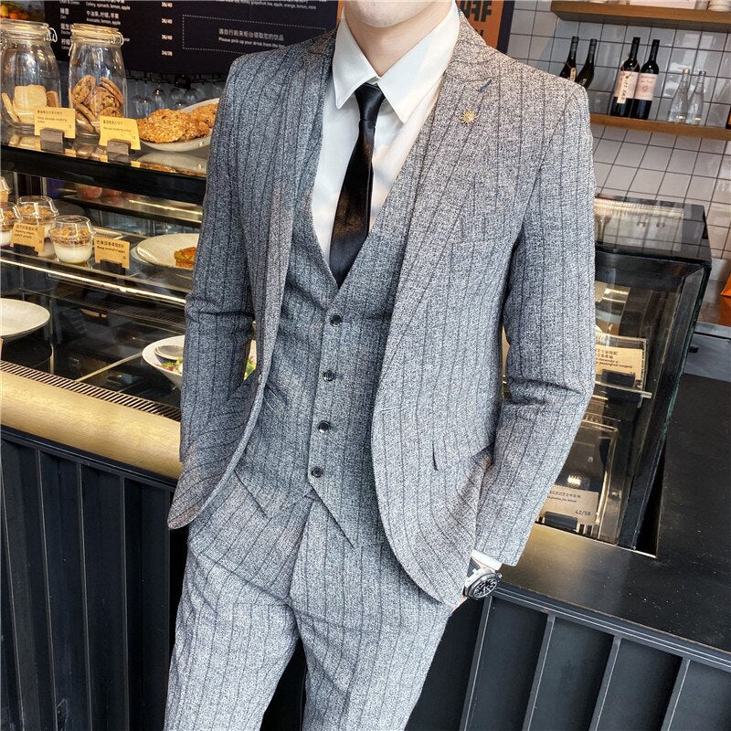 Boutique (Blazer + Vest + Trousers) Fashion Business Casual Gentleman Men's Italian Style Elegant Striped Slim Fit 3-Piece Set