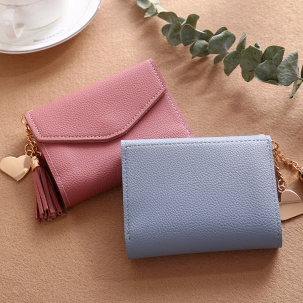 2022 Fashion Small Wallet Women Purse Simple Short Soft Pu Leather Ladies Wallet Card Holder Tassel Patchwork Tri-fold Wallet