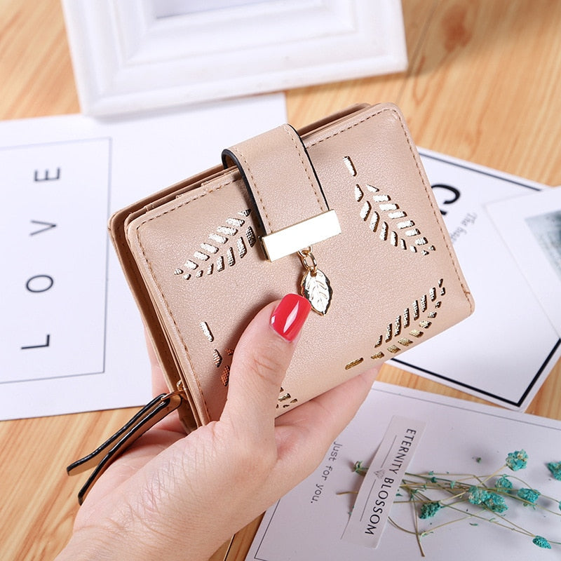 EXBX Women Wallet Hollow Golden Leaf Buckle Wallet PU Leather Purse Female Long Wallet for Women Coin Purse Card Holders Clutch