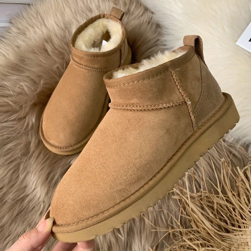 NEW 2023 Style Basic Short Mini Winter Sheepskin Snow Boots Women Waterproof Natural Wool Fur Lined Ankle Warm Flat Shoes 35-44