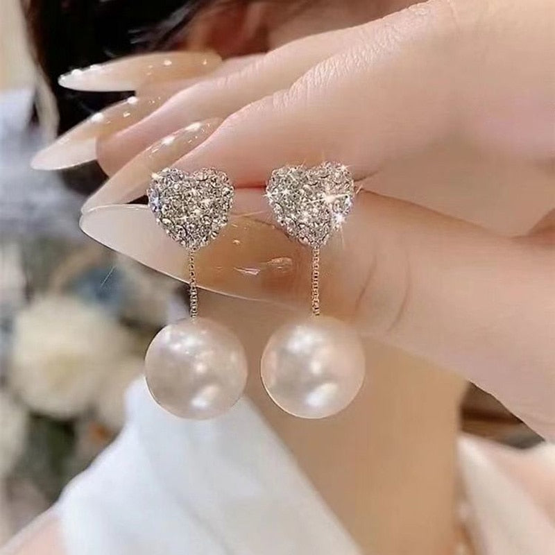 Fashion Trend Crystal Zircon Bow Pendant Earrings For Women Party Girl Imitation Pearl Dangle Earrings Luxury Wholesale Jewelry