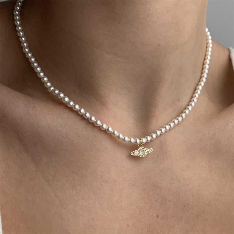 Y2K Jewelry Chain Vintage Crystal Zircon Planet Saturn Pearl Choker Necklace For Women Female Couple Saturn Pendants Necklace