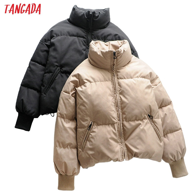 Tangada Women Solid Khaki Oversize Parkas Thick 2021 Winter Zipper Pockets Female Warm Elegant Coat Jacket 6A120