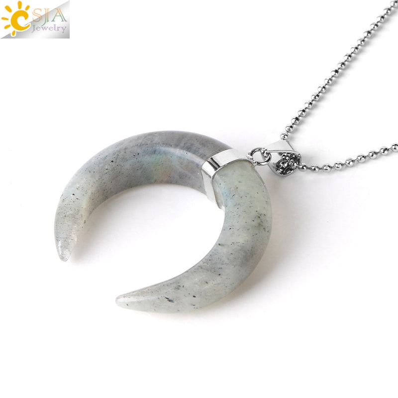 CSJA Natural Stones Crescent Moon Necklaces Pendants Purple Crystal Pink Quartz White Stone Gold Color Reiki Women F306