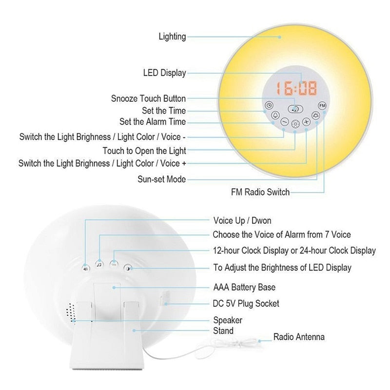 Wake Up Light Alarm Clock Sunrise/Sunset Simulation Luminous Digital Clock with FM Radio Night Light Touch Control Table Clocks