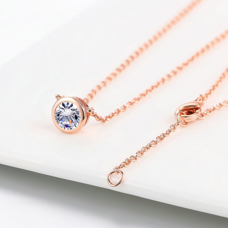 Simply Small Round 1 Carat Cubic Zirconia Pendant Necklace for Women Rose Gold Color Colorful Crystal Chain on Neck Jewelry N388