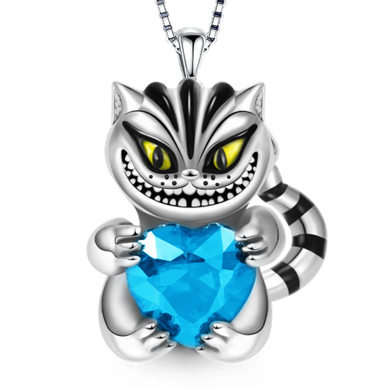 Fashion Cheshire Cat Embraces Heart Gemstone Necklace for Women Charm Bead SilverPlate Kitten Embrace Heart Crystal Jewelry Gift