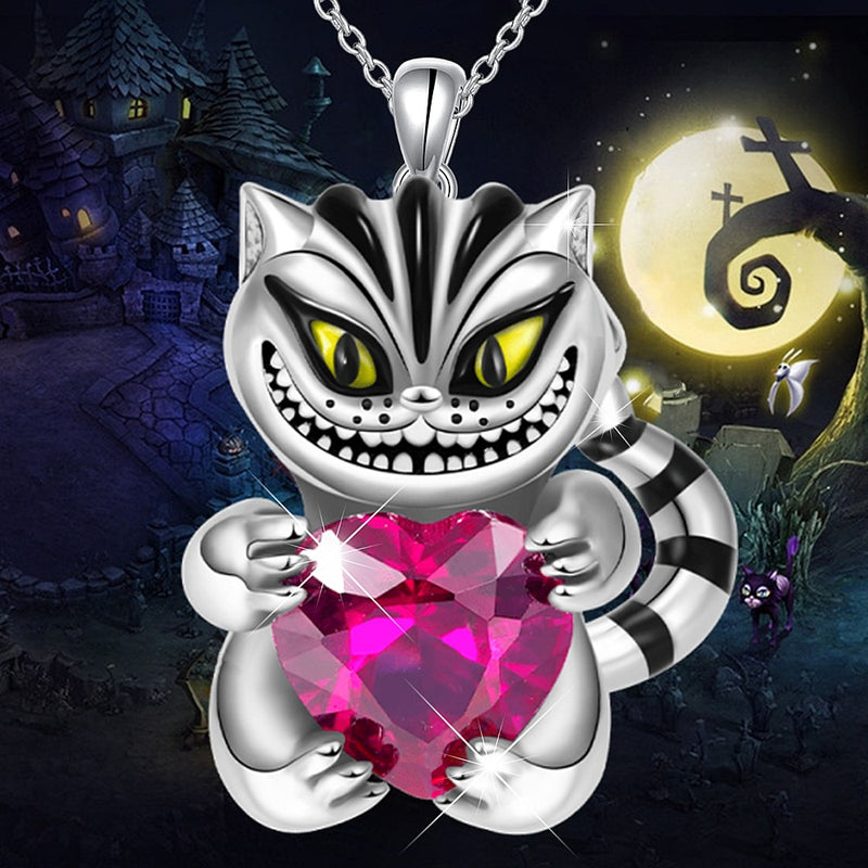 Fashion Cheshire Cat Embraces Heart Gemstone Necklace for Women Charm Bead SilverPlate Kitten Embrace Heart Crystal Jewelry Gift