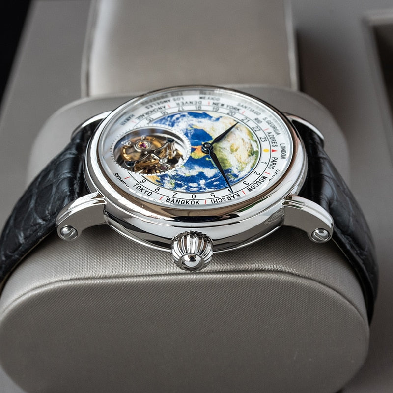 Sugess Earth Art Enamel Dial Seagull ST8000 HandWind Movement Genuine Tourbillon Watch Luxury Business Mens Wristwatch Sapphire