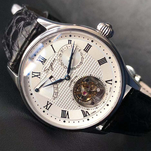 Sugess Real tourbillon watch Genuine seagull ST8001 Movement Mens Watch Calendar Skeleton Gold Diamond watches Hand winding/Auto