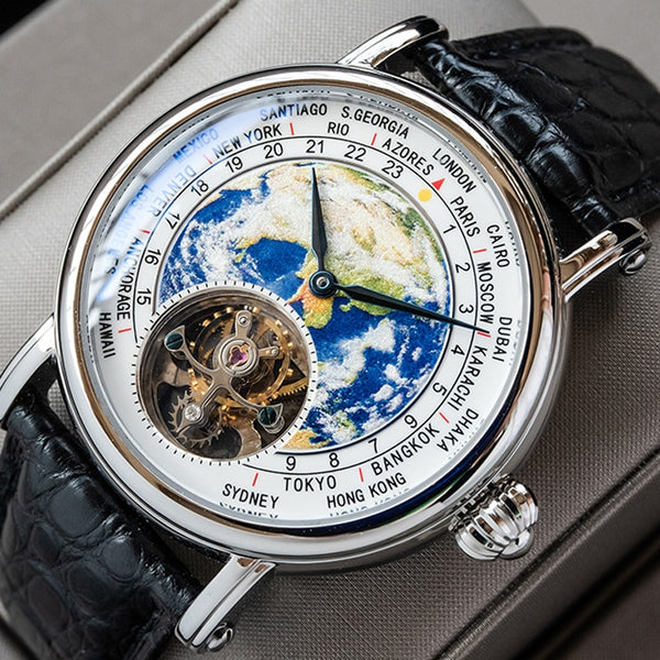 Sugess Earth Art Enamel Dial Seagull ST8000 HandWind Movement Genuine Tourbillon Watch Luxury Business Mens Wristwatch Sapphire