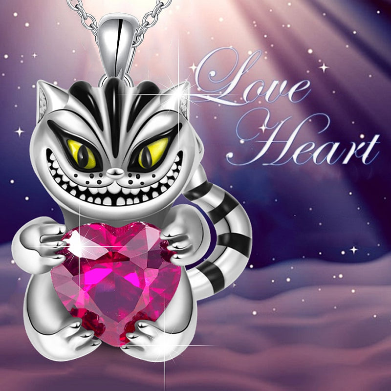 Fashion Cheshire Cat Embraces Heart Gemstone Necklace for Women Charm Bead SilverPlate Kitten Embrace Heart Crystal Jewelry Gift