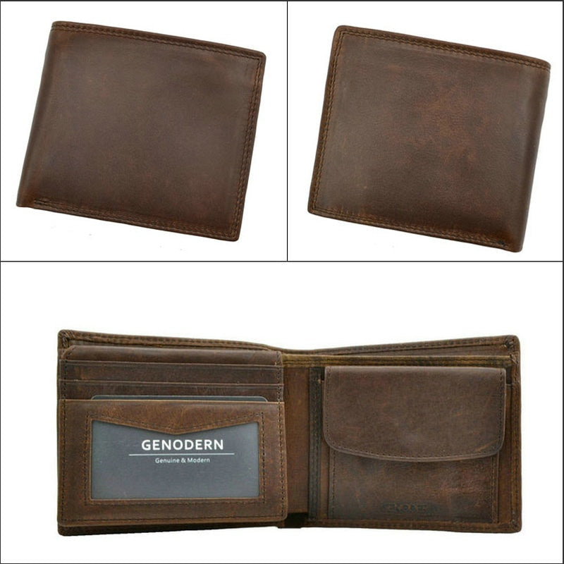 GENODERN Cow Leather Men Wallets with Coin Pocket Vintage Male Purse RFID Blocking Genuine Leather Men Wallet with Card Holders