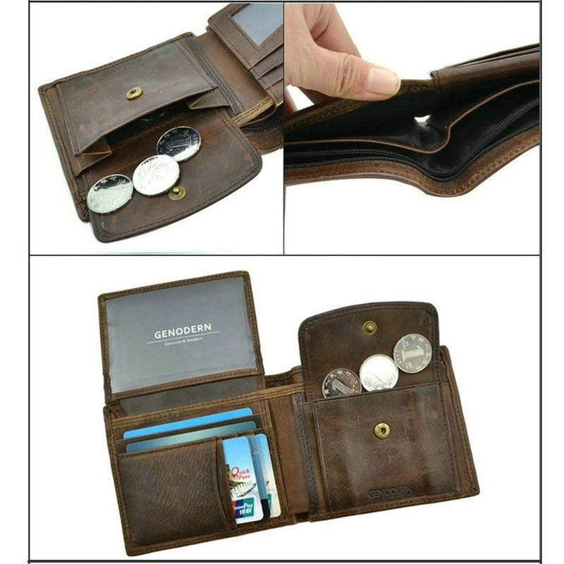 GENODERN Cow Leather Men Wallets with Coin Pocket Vintage Male Purse RFID Blocking Genuine Leather Men Wallet with Card Holders