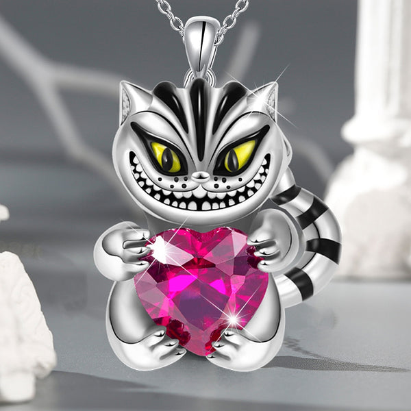 Fashion Cheshire Cat Embraces Heart Gemstone Necklace for Women Charm Bead SilverPlate Kitten Embrace Heart Crystal Jewelry Gift