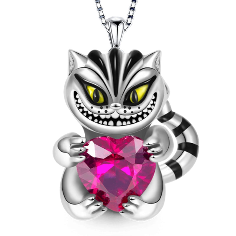 Fashion Cheshire Cat Embraces Heart Gemstone Necklace for Women Charm Bead SilverPlate Kitten Embrace Heart Crystal Jewelry Gift